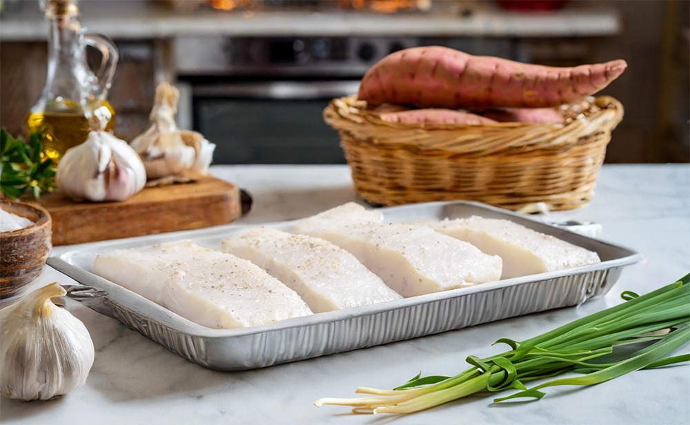 Bacalao Skrei gratinado con boniatos y ajetes