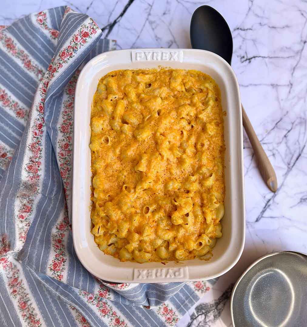Macarrones con queso cheddar y calabaza asada
