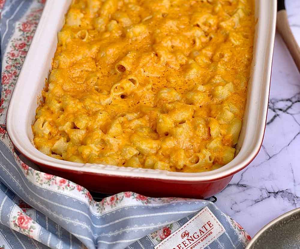 Macarrones con queso cheddar y calabaza asada