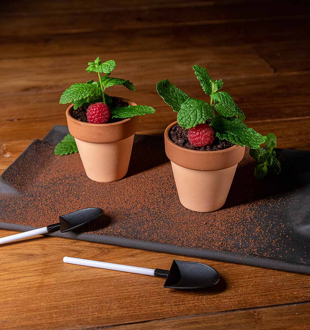 Maceta de mousse de chocolate con crumble de cacao